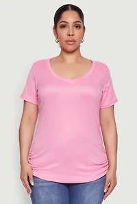Womens Plus Size Ribbed Knit Ruched Tee, Pink, Size 3X