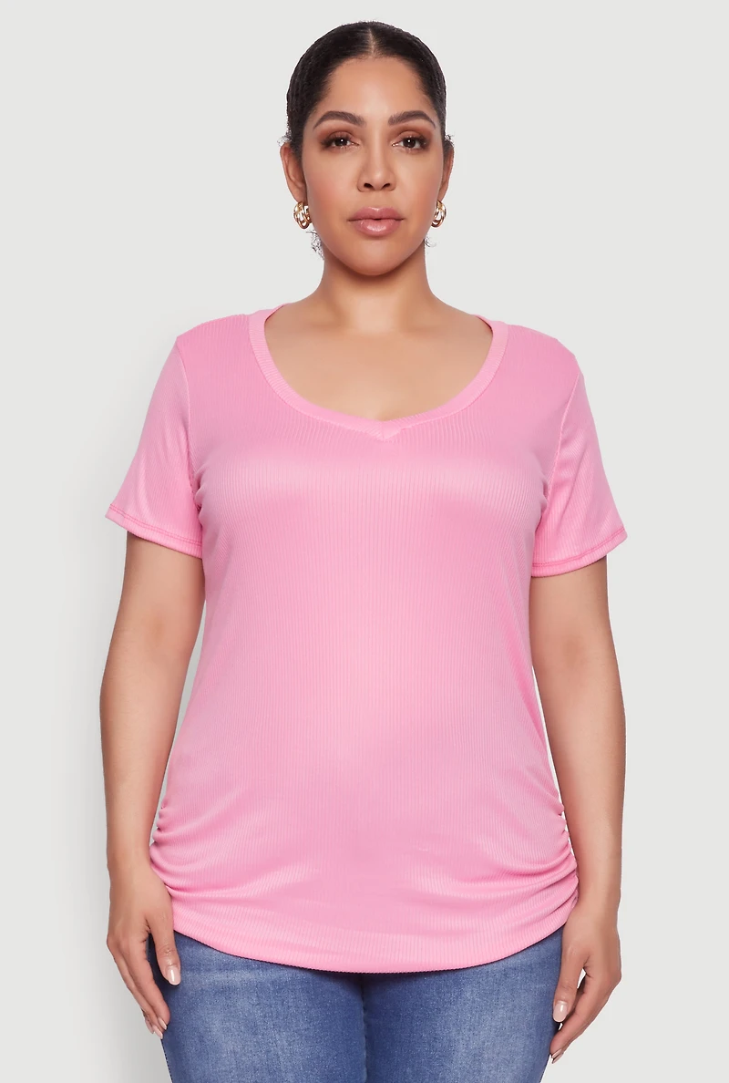 Womens Plus Size Ribbed Knit Ruched Tee, Pink, Size 3X