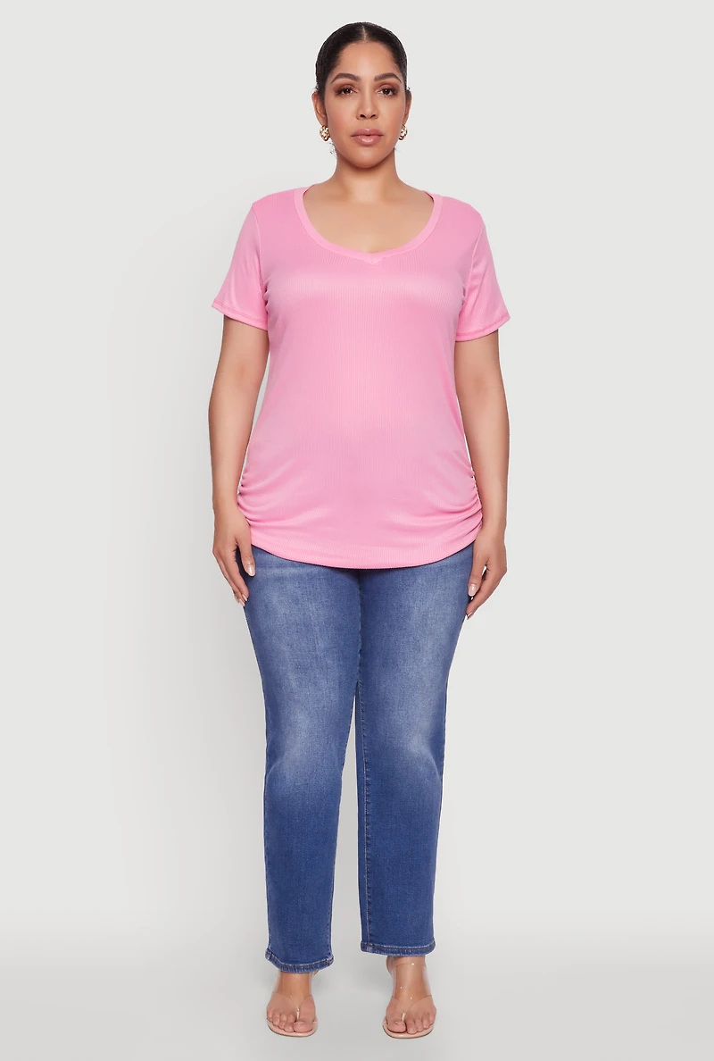 Womens Plus Ribbed Knit Ruched Tee, Pink,