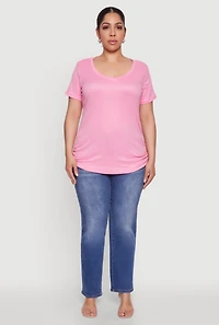 Womens Plus Ribbed Knit Ruched Tee, Pink,