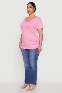 Womens Plus Size Ribbed Knit Ruched Tee, Pink, Size 3X