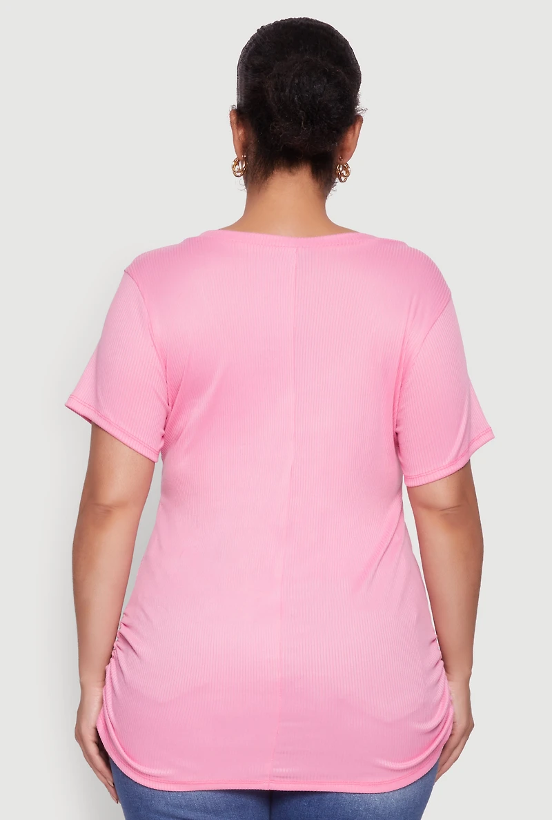 Womens Plus Ribbed Knit Ruched Tee, Pink,