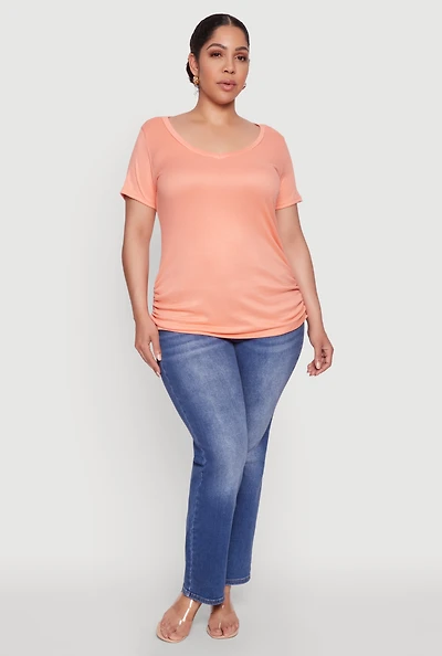 Womens Plus Ribbed Knit Ruched Tee,