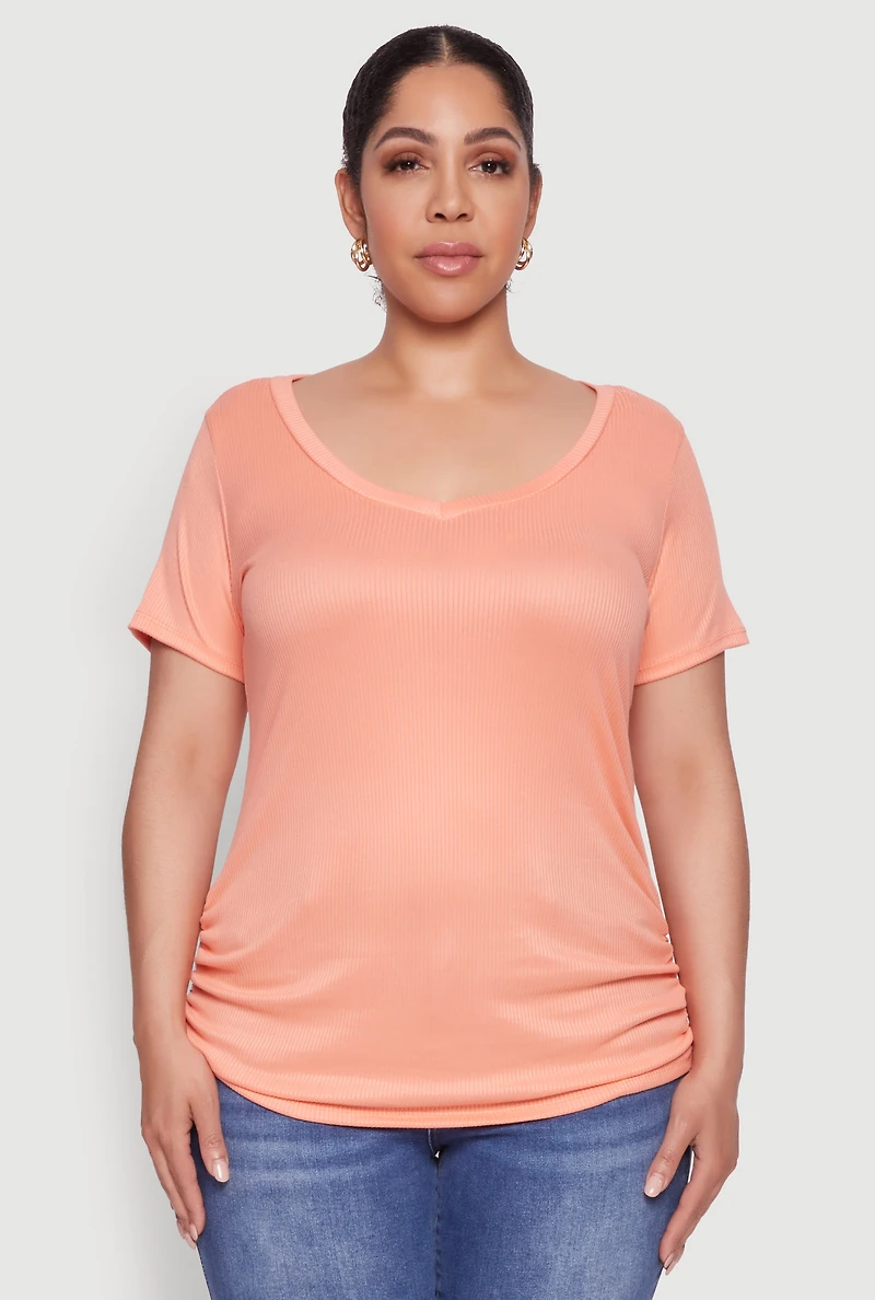 Womens Plus Size Ribbed Knit Ruched Tee, Orange, Size 4X