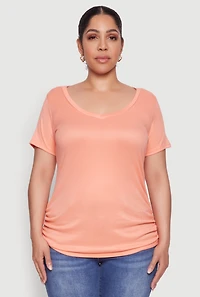 Womens Plus Size Ribbed Knit Ruched Tee, Orange, Size 4X