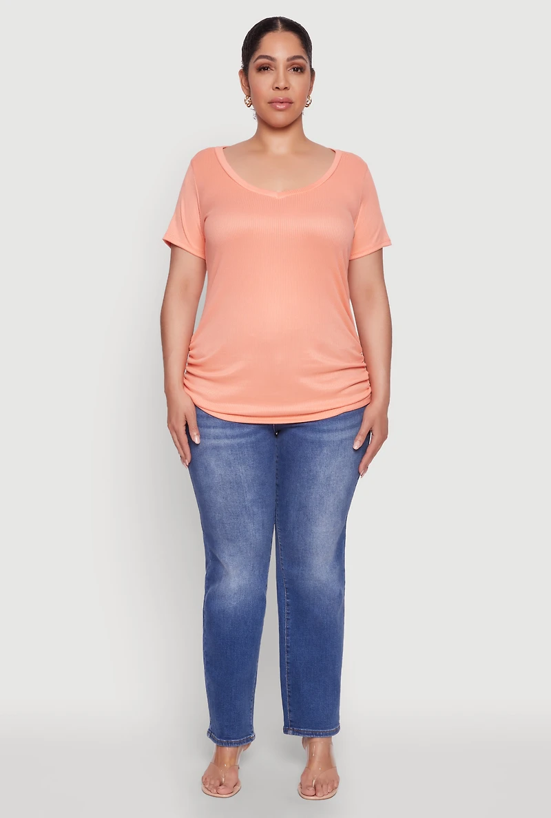 Womens Plus Size Ribbed Knit Ruched Tee, Orange, Size 4X