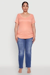 Womens Plus Size Ribbed Knit Ruched Tee, Orange, Size 4X