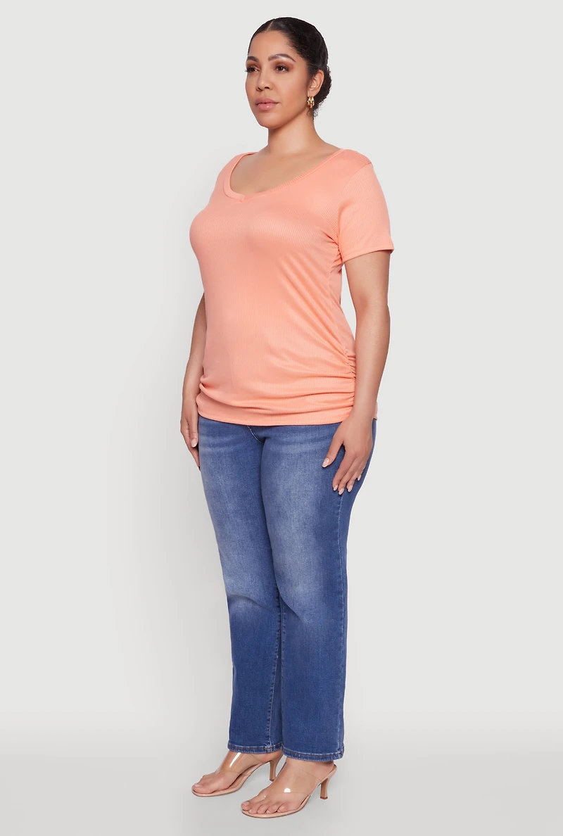 Womens Plus Size Ribbed Knit Ruched Tee, Orange, Size 4X