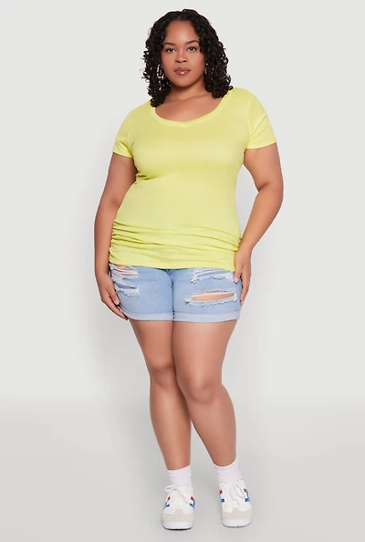 Womens Plus Size Ribbed Knit Ruched Tee, Yellow, Size 1X