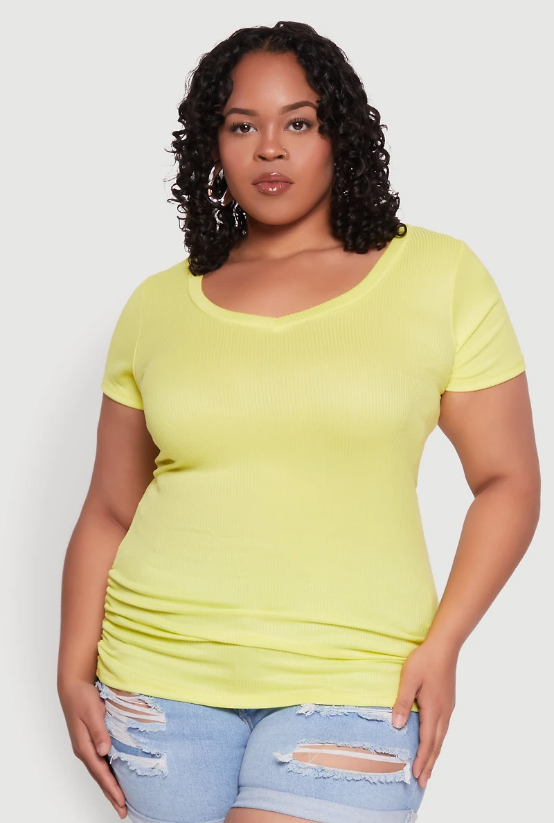 Womens Plus Size Ribbed Knit Ruched Tee, Yellow, Size 1X