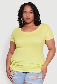 Womens Plus Size Ribbed Knit Ruched Tee, Yellow, Size 1X
