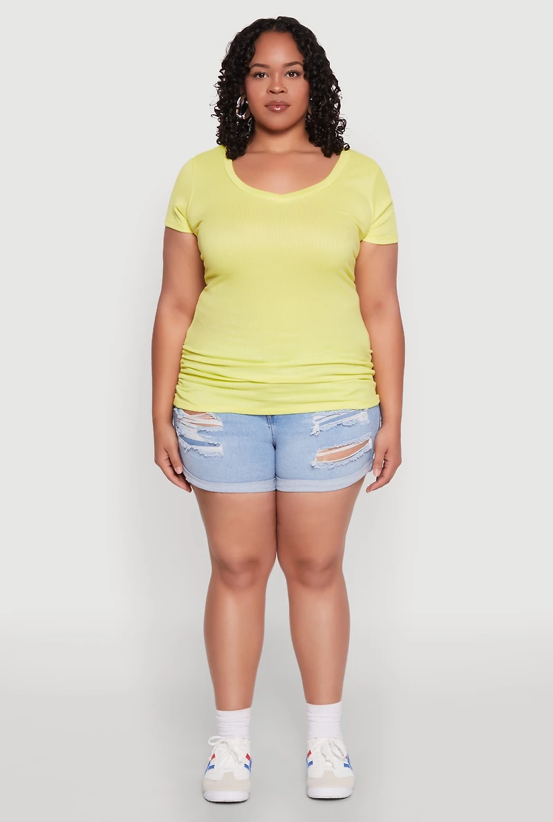 Womens Plus Size Ribbed Knit Ruched Tee, Yellow, Size 1X