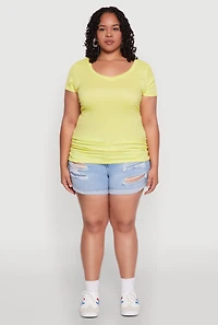 Womens Plus Size Ribbed Knit Ruched Tee, Yellow, Size 1X