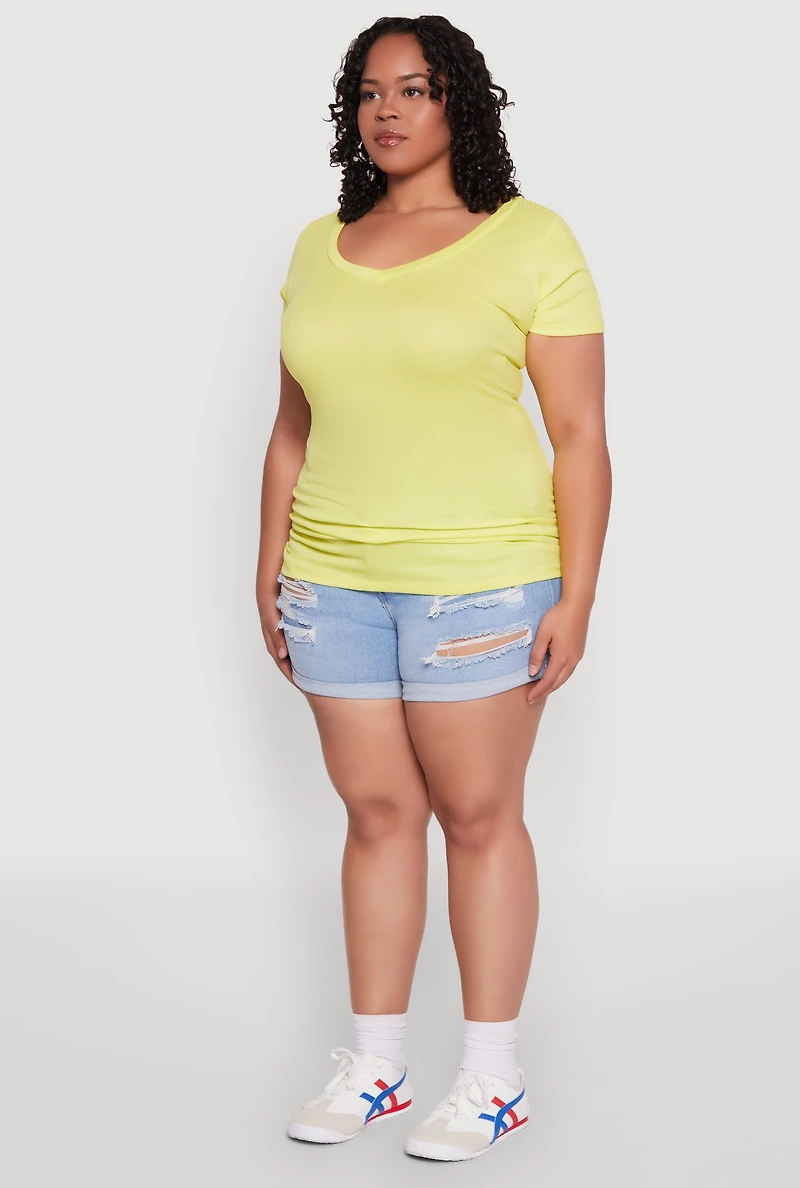 Womens Plus Size Ribbed Knit Ruched Tee, Yellow, Size 1X