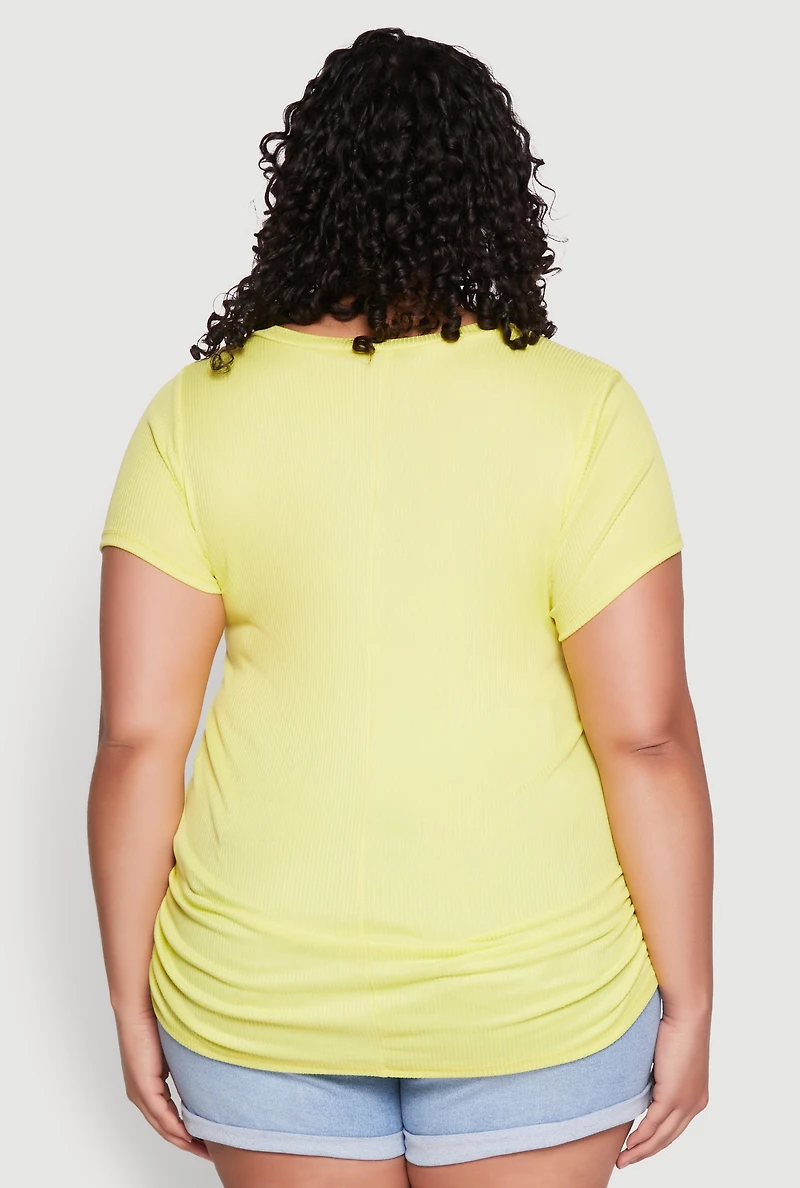 Womens Plus Size Ribbed Knit Ruched Tee, Yellow, Size 1X