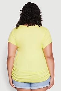 Womens Plus Size Ribbed Knit Ruched Tee, Yellow, Size 1X