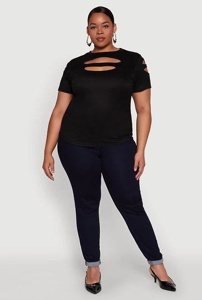 Womens Plus Cut Out Detail Short Sleeve Top,