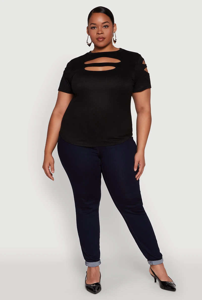 Womens Plus Cut Out Detail Short Sleeve Top,
