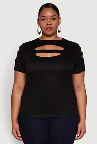 Womens Plus Cut Out Detail Short Sleeve Top,