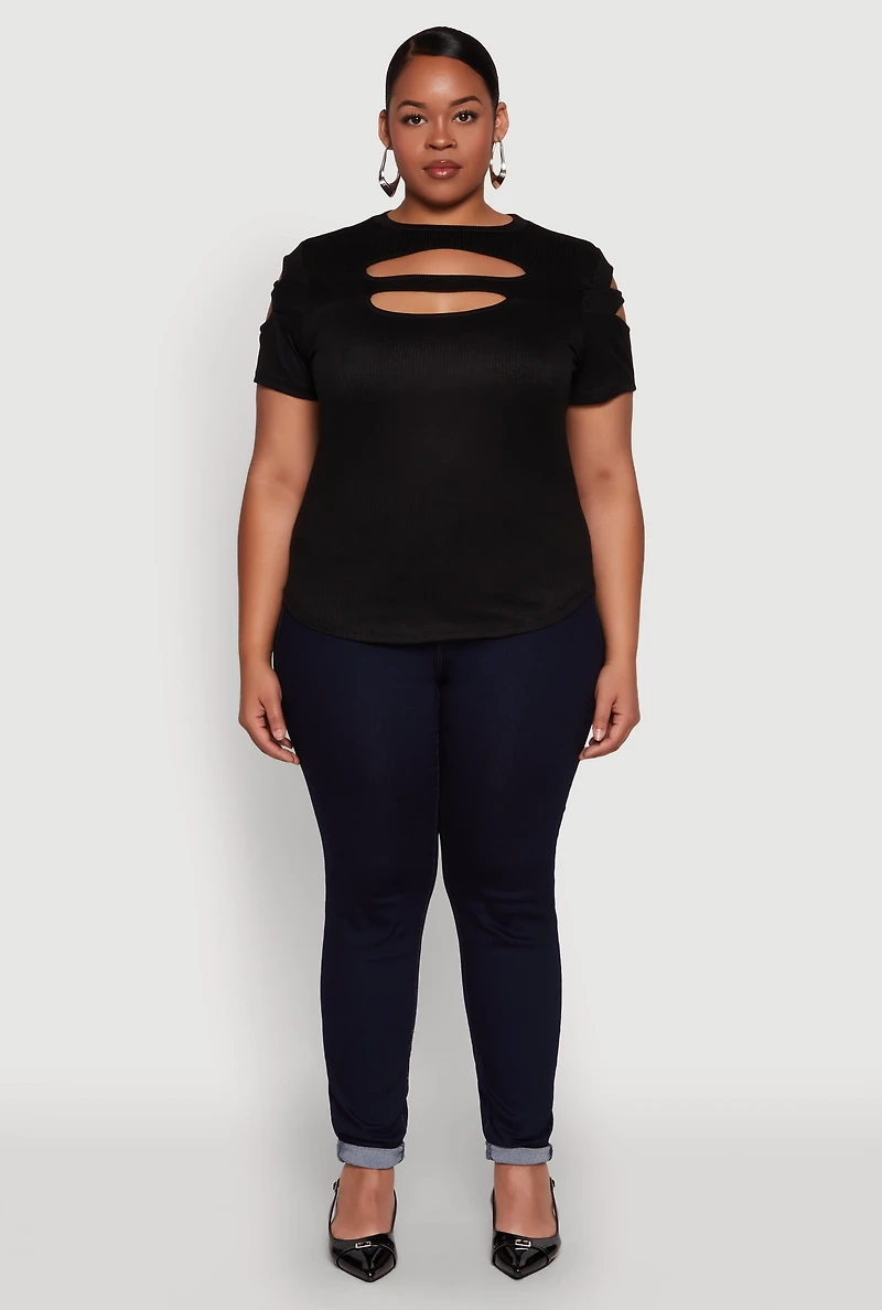 Womens Plus Cut Out Detail Short Sleeve Top,