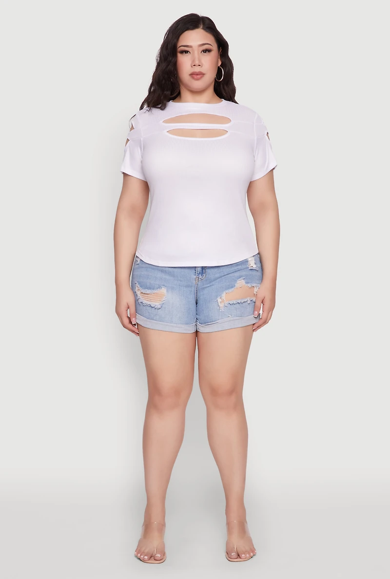 Womens Plus Size Cut Out Detail Short Sleeve Top, White, Size 4X