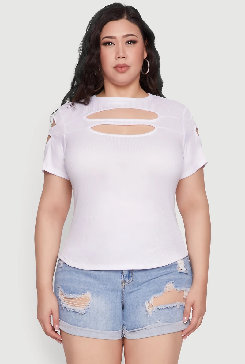 Womens Plus Size Cut Out Detail Short Sleeve Top, White, Size 4X