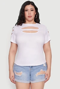 Womens Plus Size Cut Out Detail Short Sleeve Top, White, Size 4X