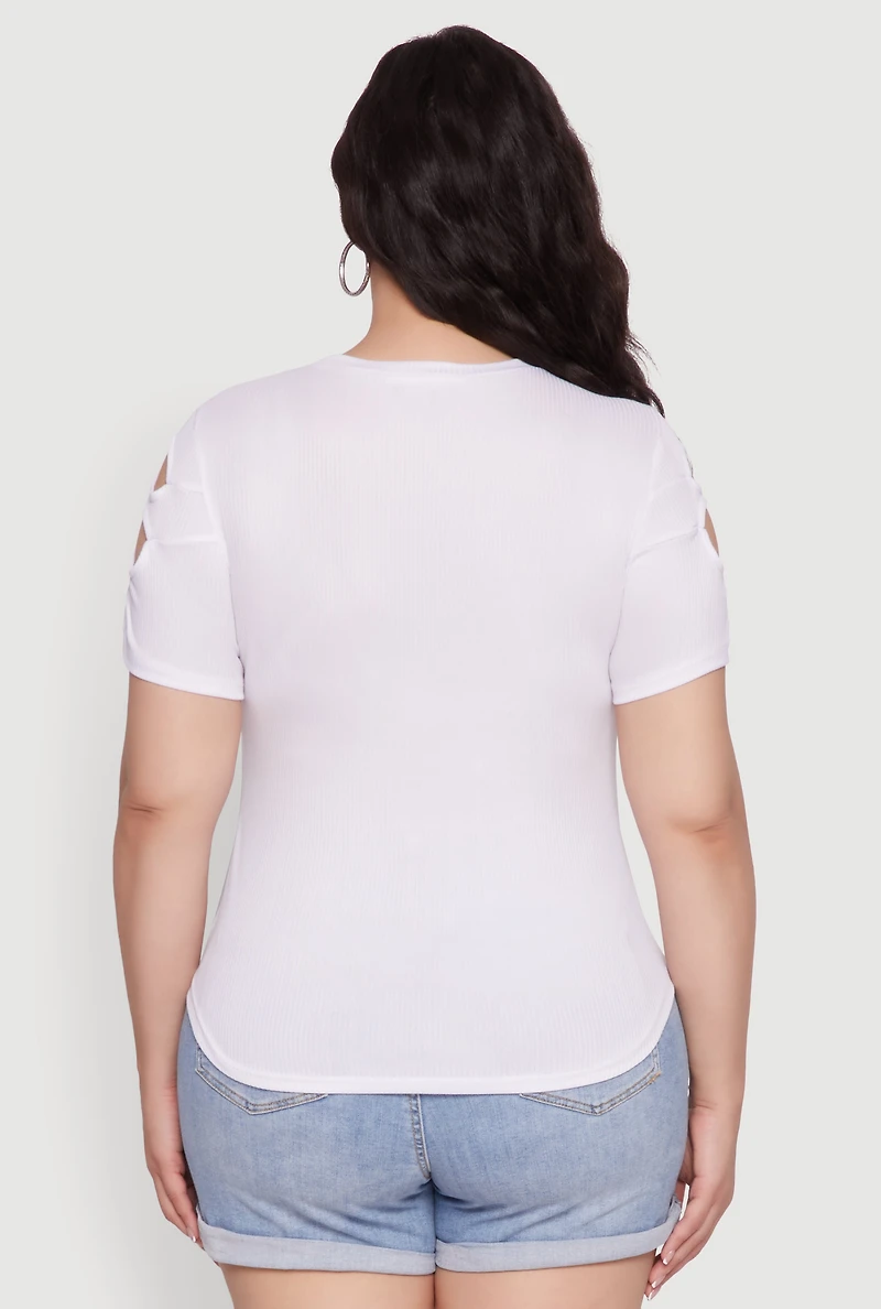 Womens Plus Size Cut Out Detail Short Sleeve Top, White, Size 4X