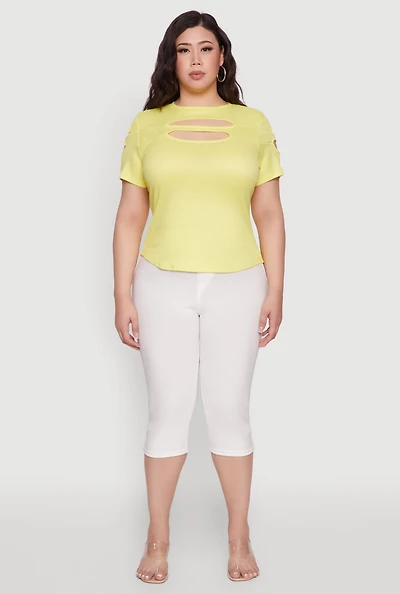 Womens Plus Size Cut Out Detail Short Sleeve Top, Yellow, Size 4X