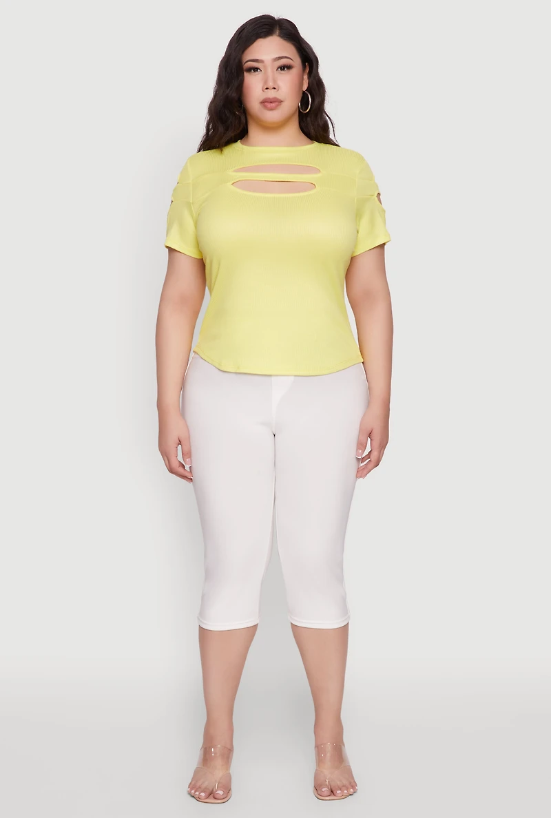 Womens Plus Size Cut Out Detail Short Sleeve Top, Yellow, Size 3X