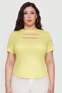Womens Plus Size Cut Out Detail Short Sleeve Top, Yellow, Size 4X