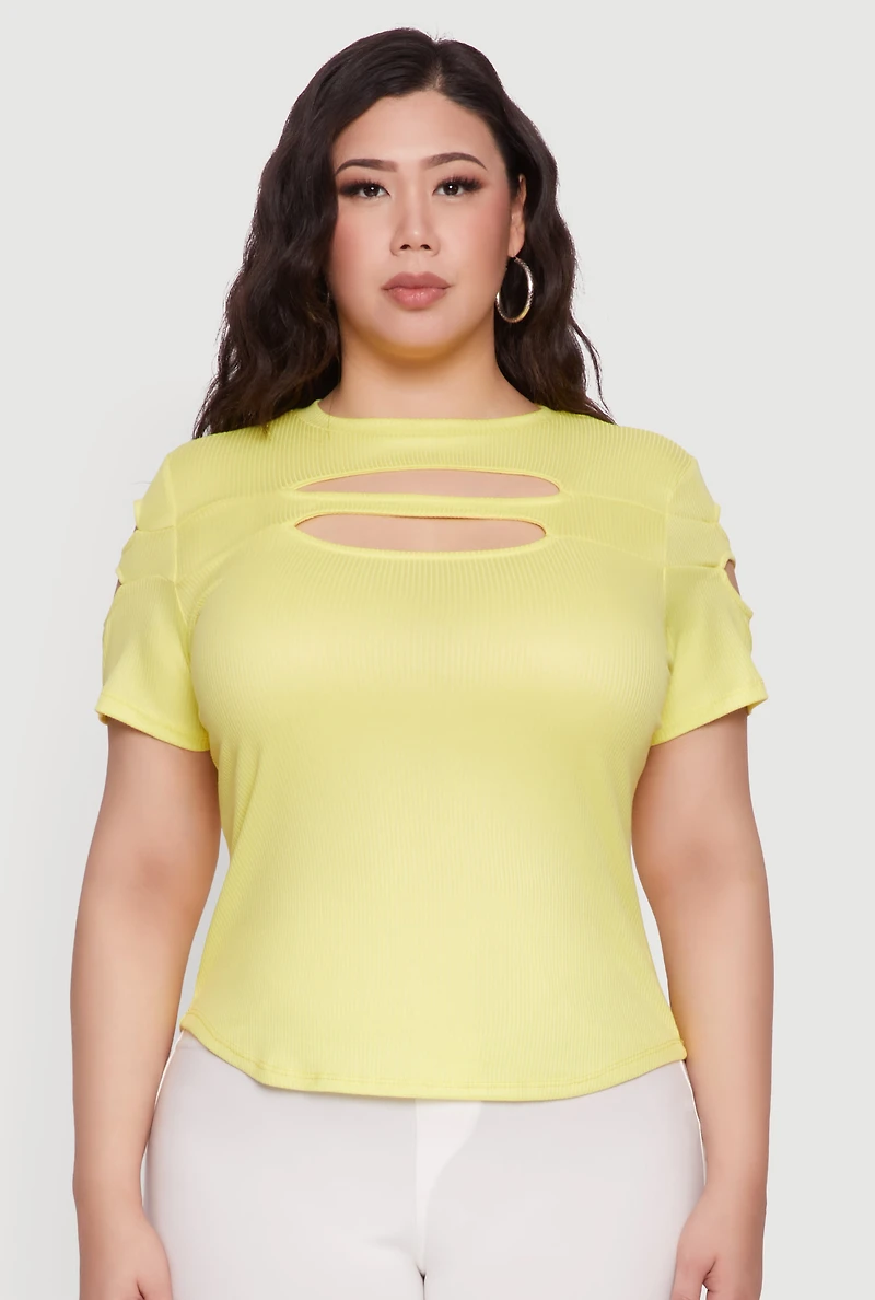 Womens Plus Cut Out Detail Short Sleeve Top, Yellow,
