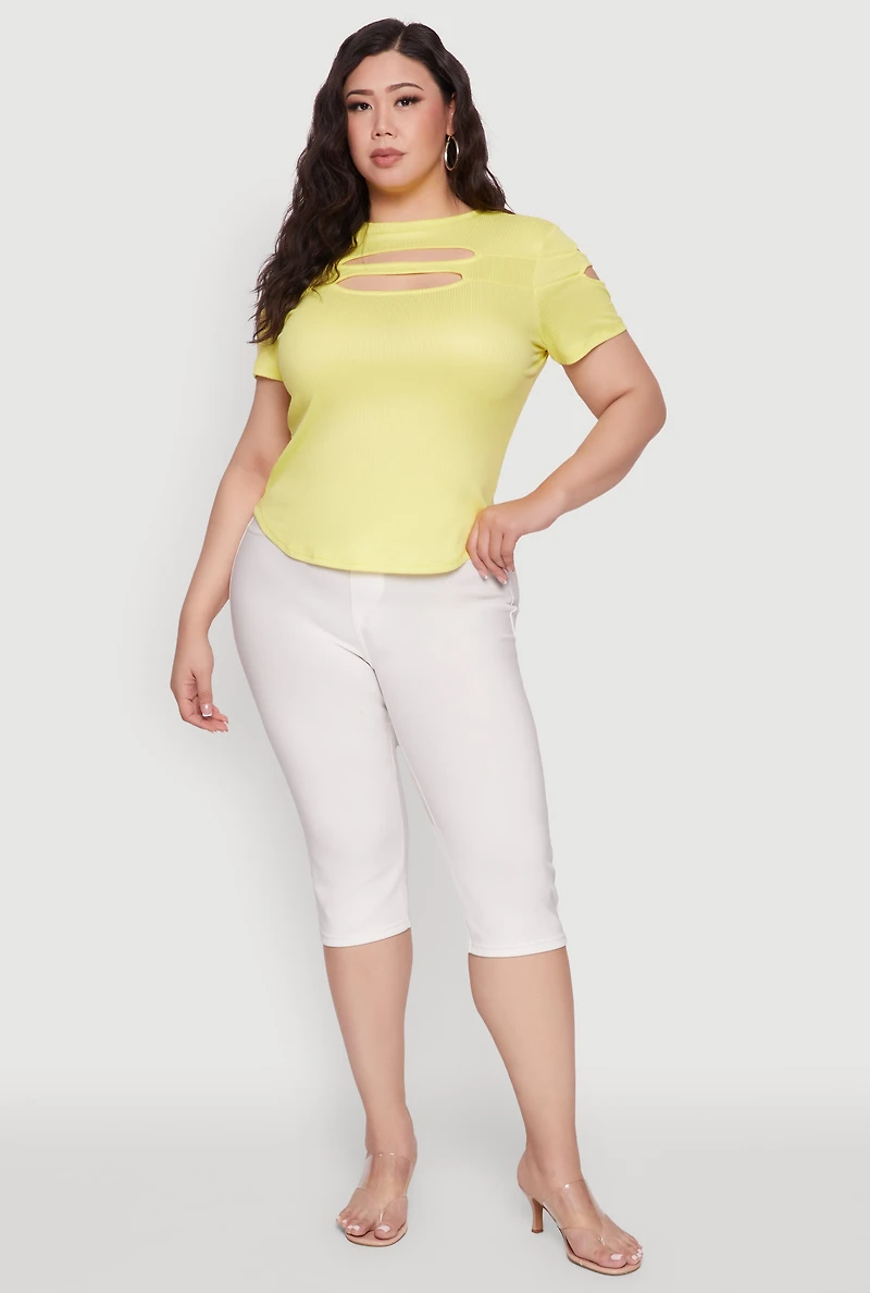 Womens Plus Size Cut Out Detail Short Sleeve Top, Yellow, Size 4X