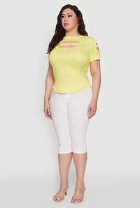 Womens Plus Cut Out Detail Short Sleeve Top, Yellow,