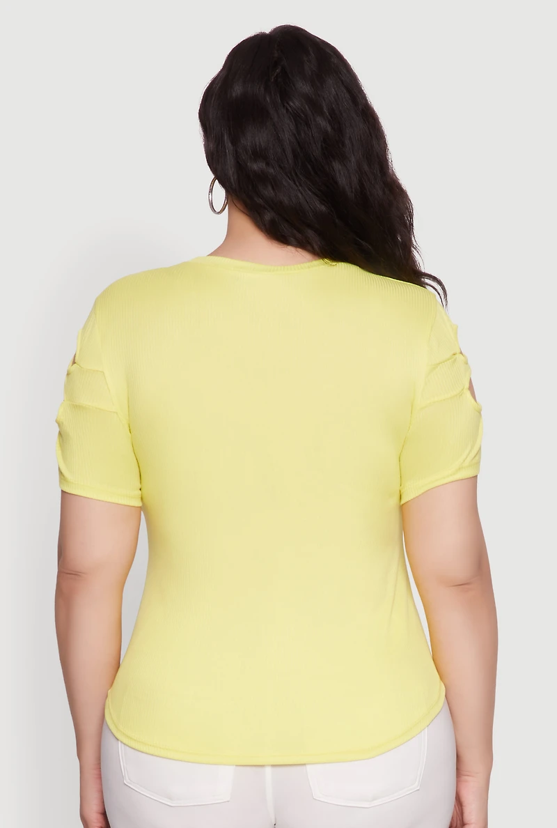 Womens Plus Size Cut Out Detail Short Sleeve Top, Yellow, Size 4X