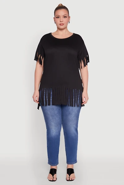 Womens Plus Fringe Sleeve Hem Tee,