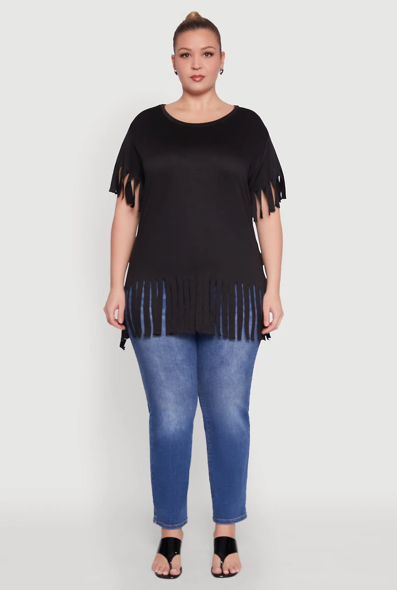 Womens Plus Fringe Sleeve Hem Tee, Black,