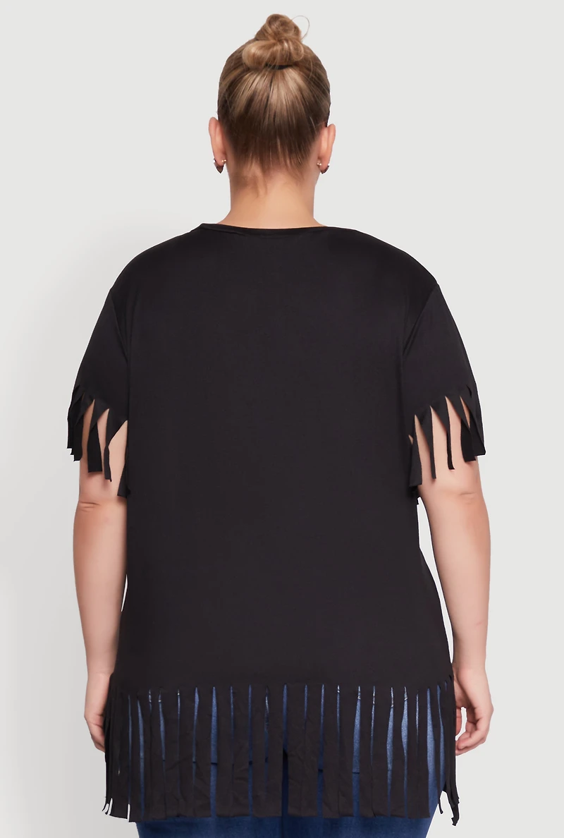 Womens Plus Fringe Sleeve Hem Tee,