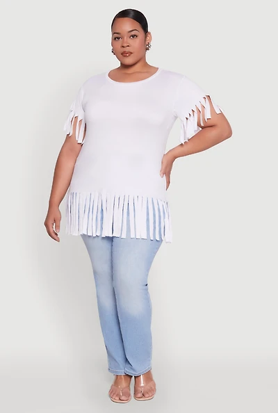 Womens Plus Size Fringe Sleeve Hem Tee, White, Size 2X