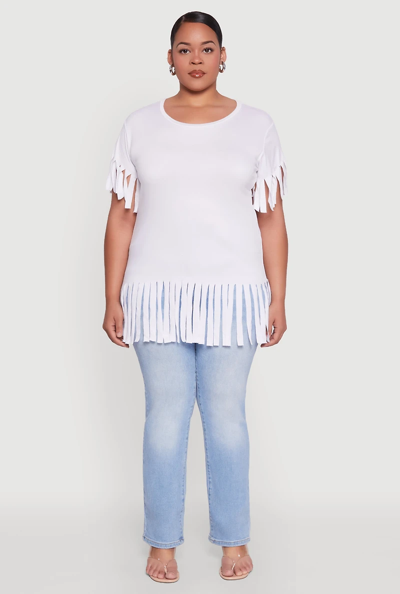 Womens Plus Size Fringe Sleeve Hem Tee, White, Size 2X
