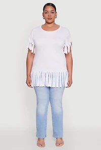 Womens Plus Size Fringe Sleeve Hem Tee, White, Size 2X