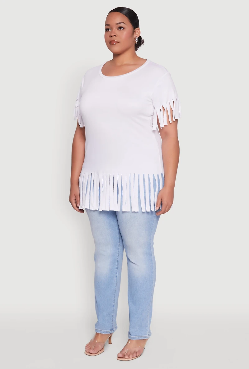Womens Plus Size Fringe Sleeve Hem Tee, White, Size 2X