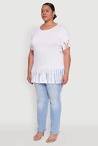 Womens Plus Size Fringe Sleeve Hem Tee, White, Size 2X
