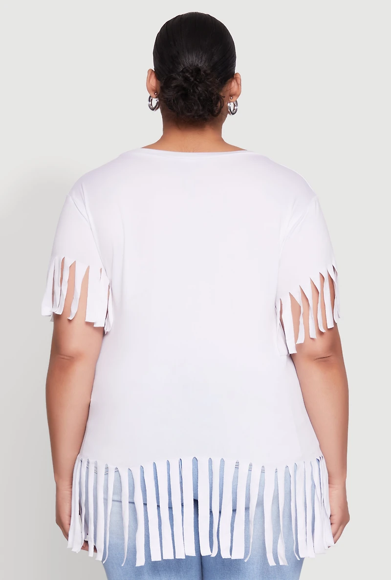 Womens Plus Size Fringe Sleeve Hem Tee, White, Size 2X