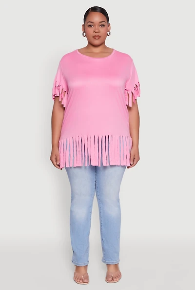 Womens Plus Size Fringe Sleeve Hem Tee, Pink, Size 2X