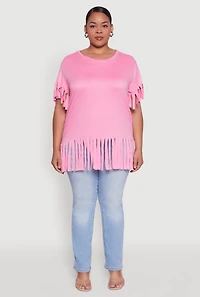 Womens Plus Size Fringe Sleeve Hem Tee, Pink, Size 2X