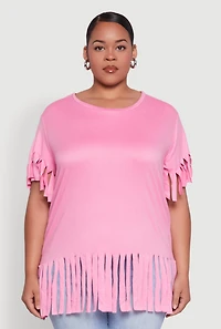 Womens Plus Size Fringe Sleeve Hem Tee, Pink, Size 2X