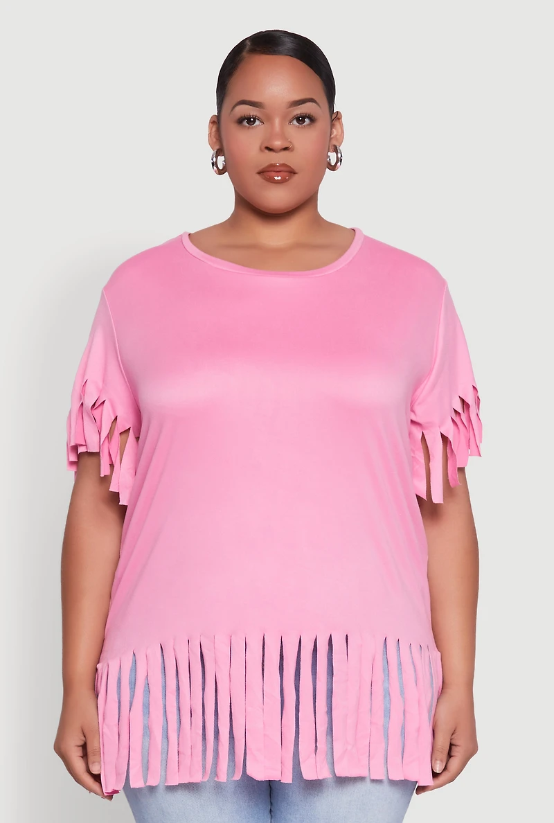 Womens Plus Size Fringe Sleeve Hem Tee, Pink, Size 3X