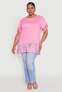 Womens Plus Size Fringe Sleeve Hem Tee, Pink, Size 2X