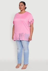 Womens Plus Size Fringe Sleeve Hem Tee, Pink, Size 2X